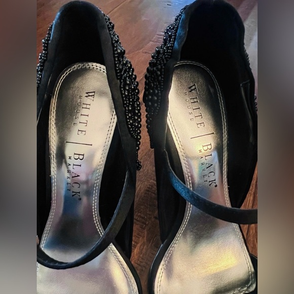 White House Black Market Black Satin Floral Beaded High Heels Open Toe Design 7M - Picture 12 of 17